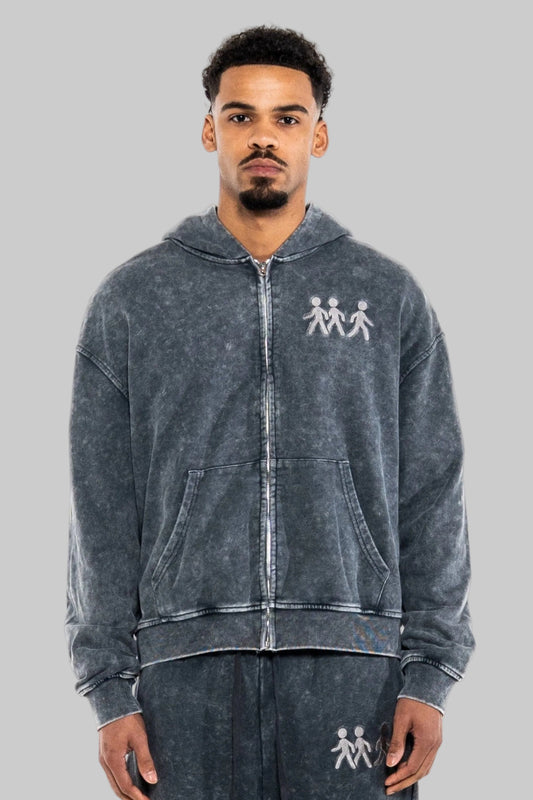 Washed Zip-up Hoodie - Grey